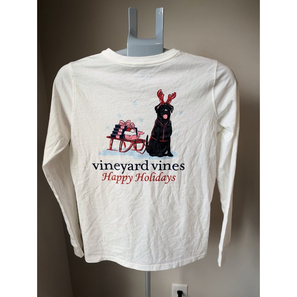 Vineyard Vines Womens XS White Holiday Black Lab Reindeer Whale Long Sleeve Tee